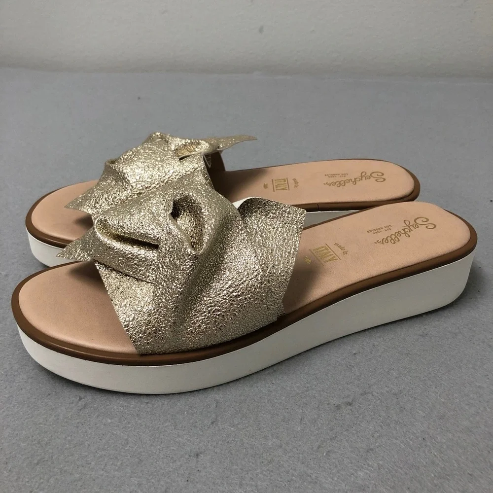 Seychelles Slide Sandals Womens 7.5 Gold Metallic Platform Knotted Made In Italy